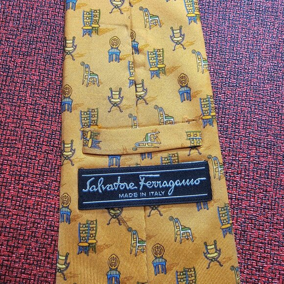 Salvatore Ferragamo Orange Silk Tie Novelty Chair Print Made In Italy Designer - Picture 2 of 8